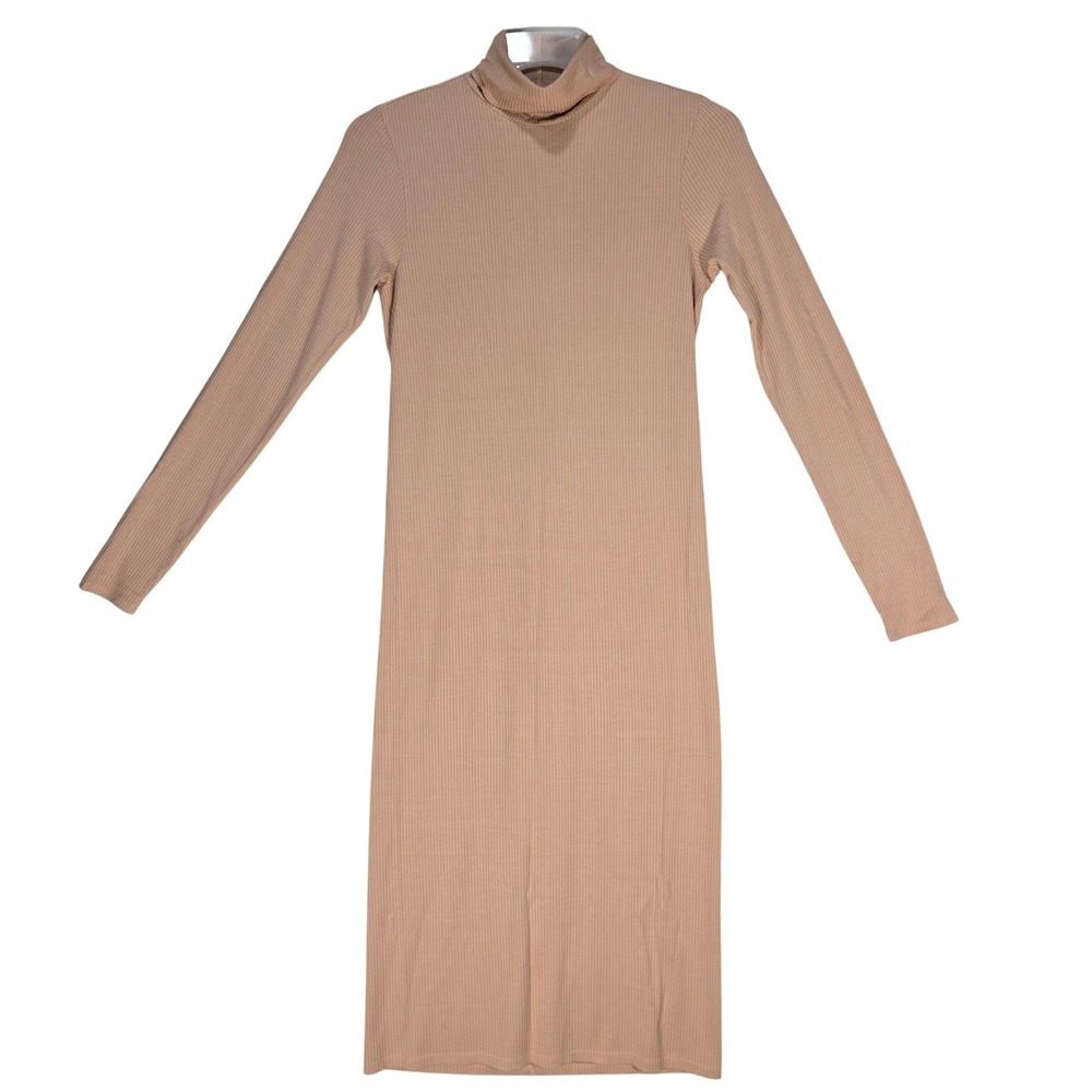 Enza Costa Dress Women L Ribbed Turtleneck Midi Beige Long Sleeve EUC